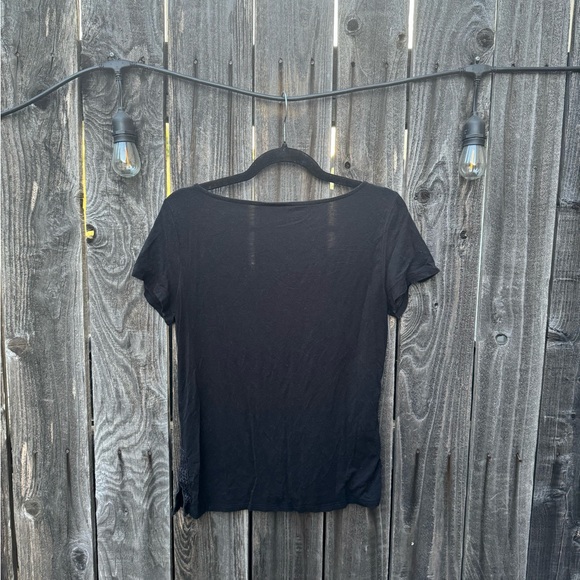 Ann Taylor Black V Neck Multi Media Embroidered Lace Inset Short Sleeve Blouse S - Picture 4 of 5